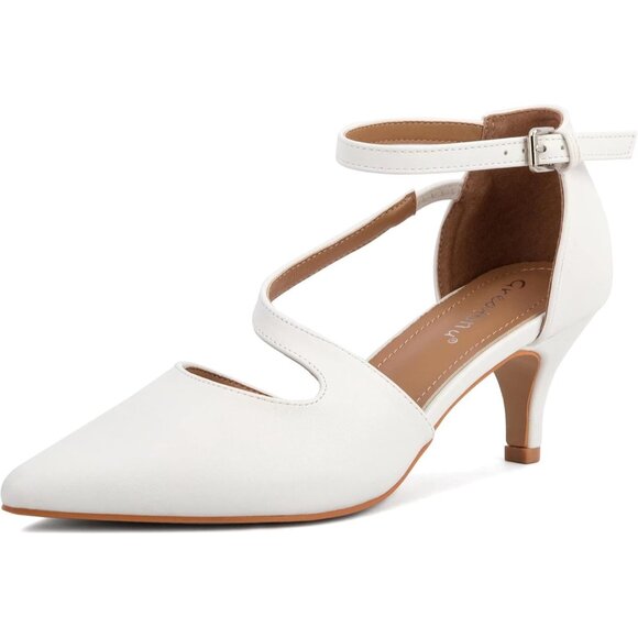 Women's White Polyurethane Pointed Toe Cross Strap Low Kitten Heel Pumps - Picture 1 of 7